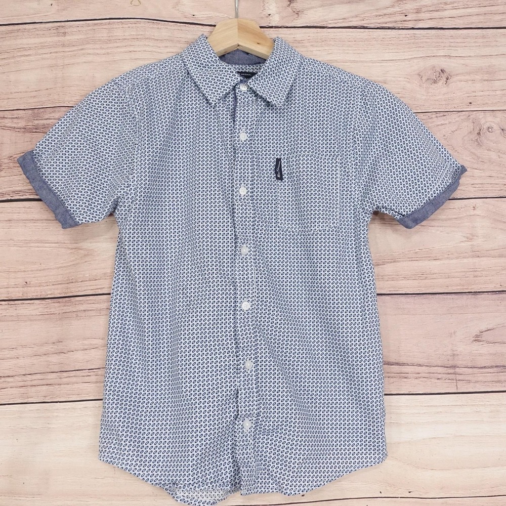 Ben Sherman Shirt Boys Medium 10-12 Blue Geometric Short Sleeve Button Up Casual